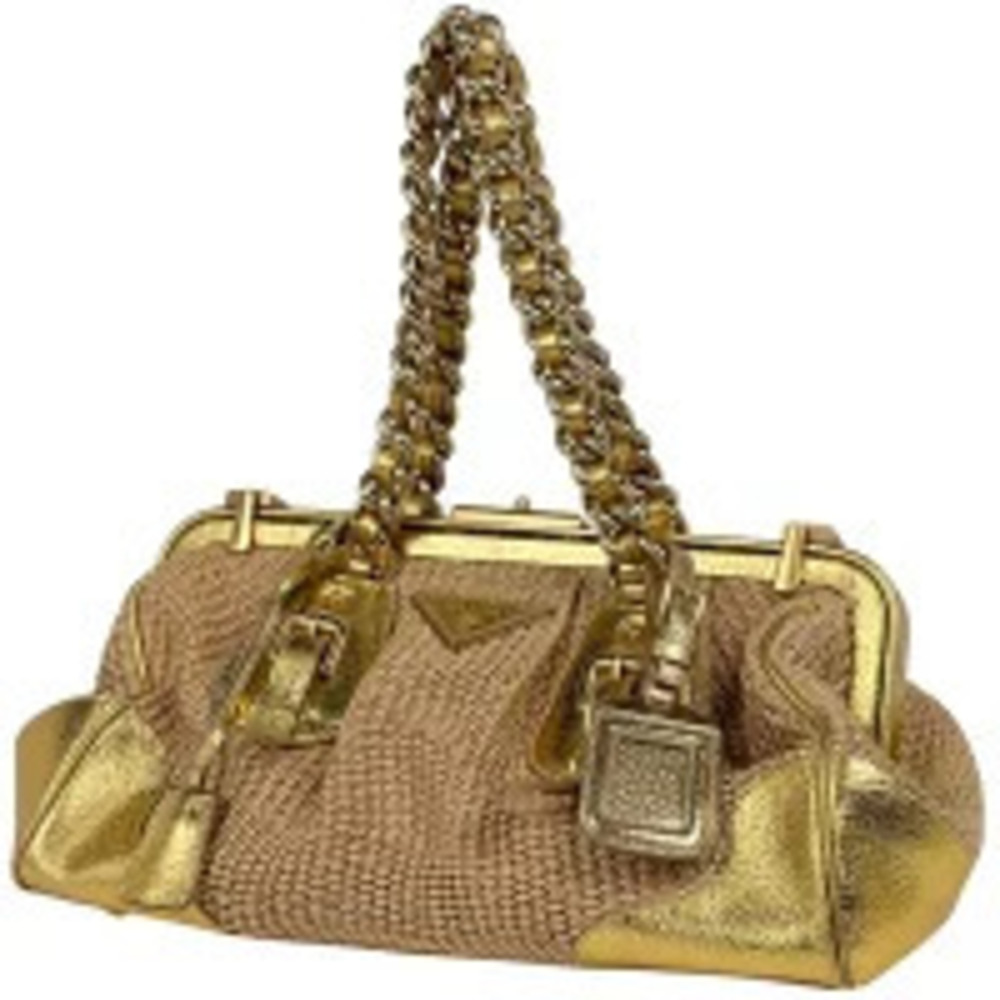 Prada Plate Handbag Raffia Straw Tan Leather Beige Gold